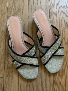 j. crew silver glitter block heel low sandal